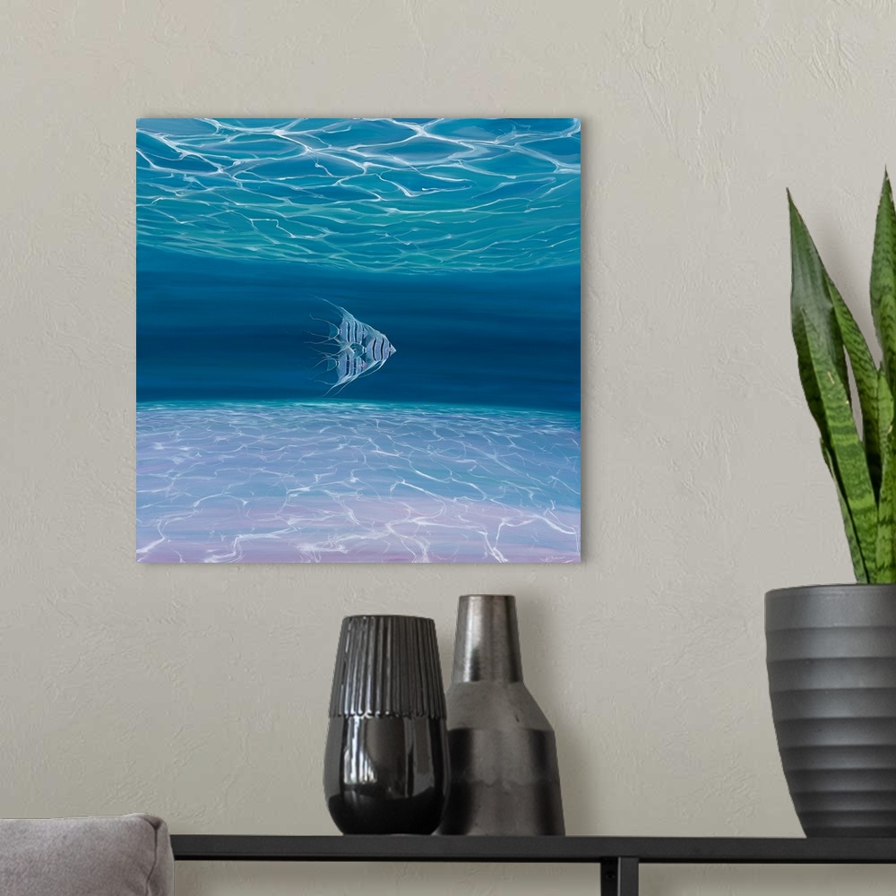 A modern room featuring Painting of a single fish, deep within a blue sea.