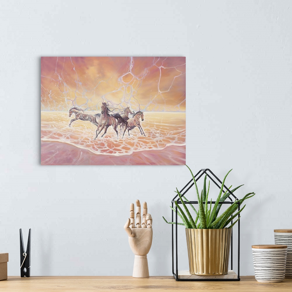 A bohemian room featuring Painting of a group of horses running out of waves of an ocean.