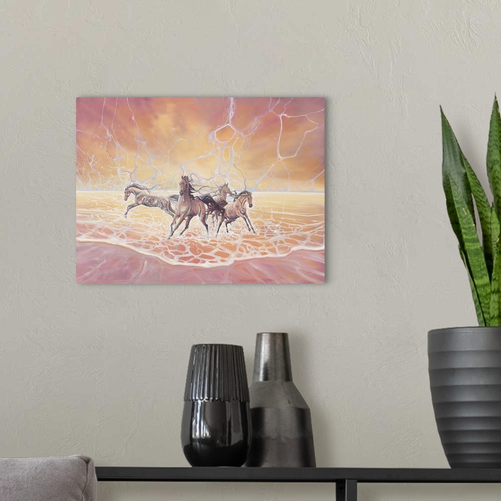 A modern room featuring Painting of a group of horses running out of waves of an ocean.
