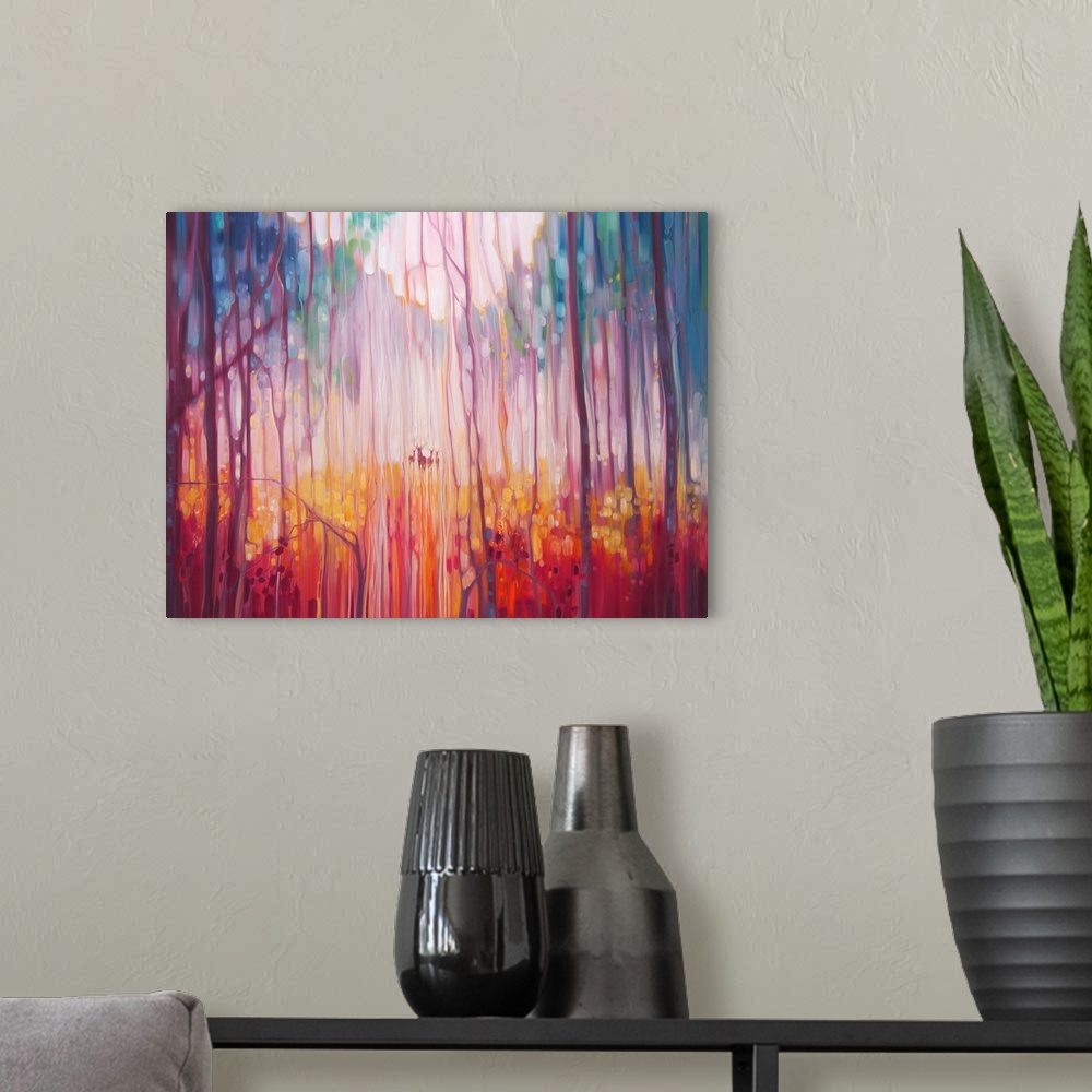 A modern room featuring Watercolor painting of a deer, deep within a colorful, dream-like forest.