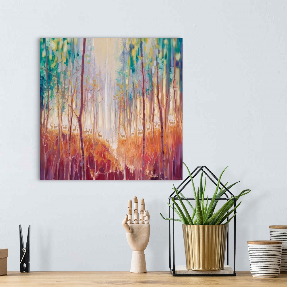 A bohemian room featuring Watercolor painting of deer, deep within a colorful, dream-like forest.
