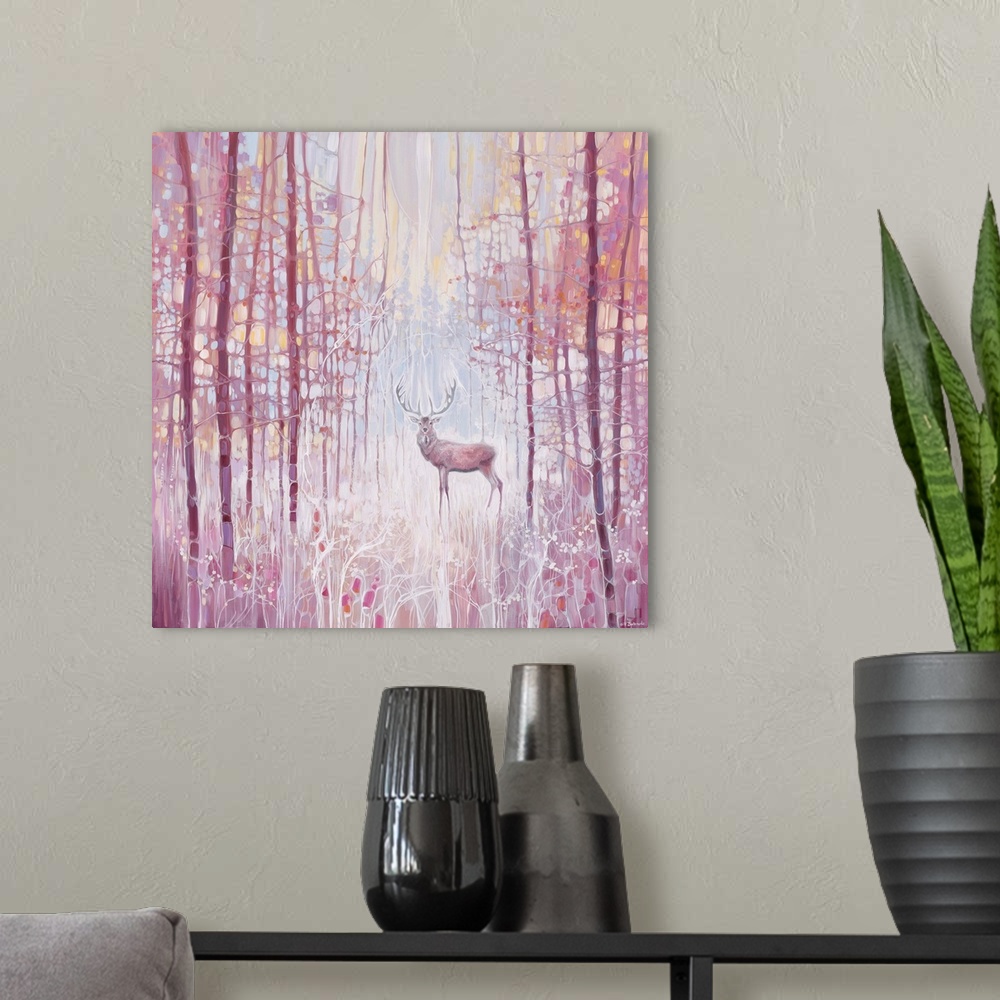 A modern room featuring Watercolor painting of a deer, deep within a colorful, dream-like forest.