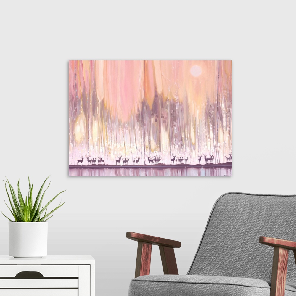 A modern room featuring Watercolor painting of deer, deep within a colorful, dream-like forest.