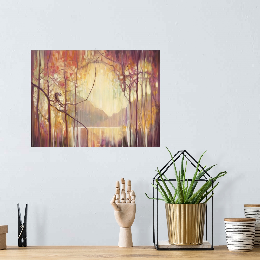 A bohemian room featuring Watercolor painting of a dream-like forest framing a mountain scene.