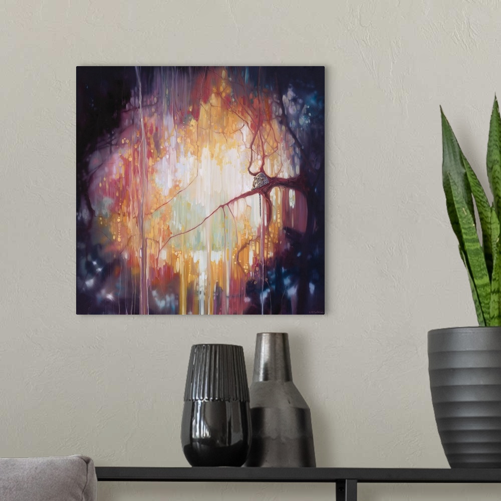 A modern room featuring Watercolor painting of a dream-like forest framed by darker trees.