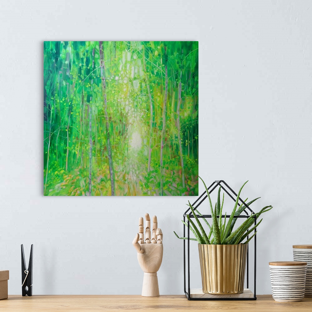 A bohemian room featuring Watercolor painting of a dream-like forest in varies shades of green.