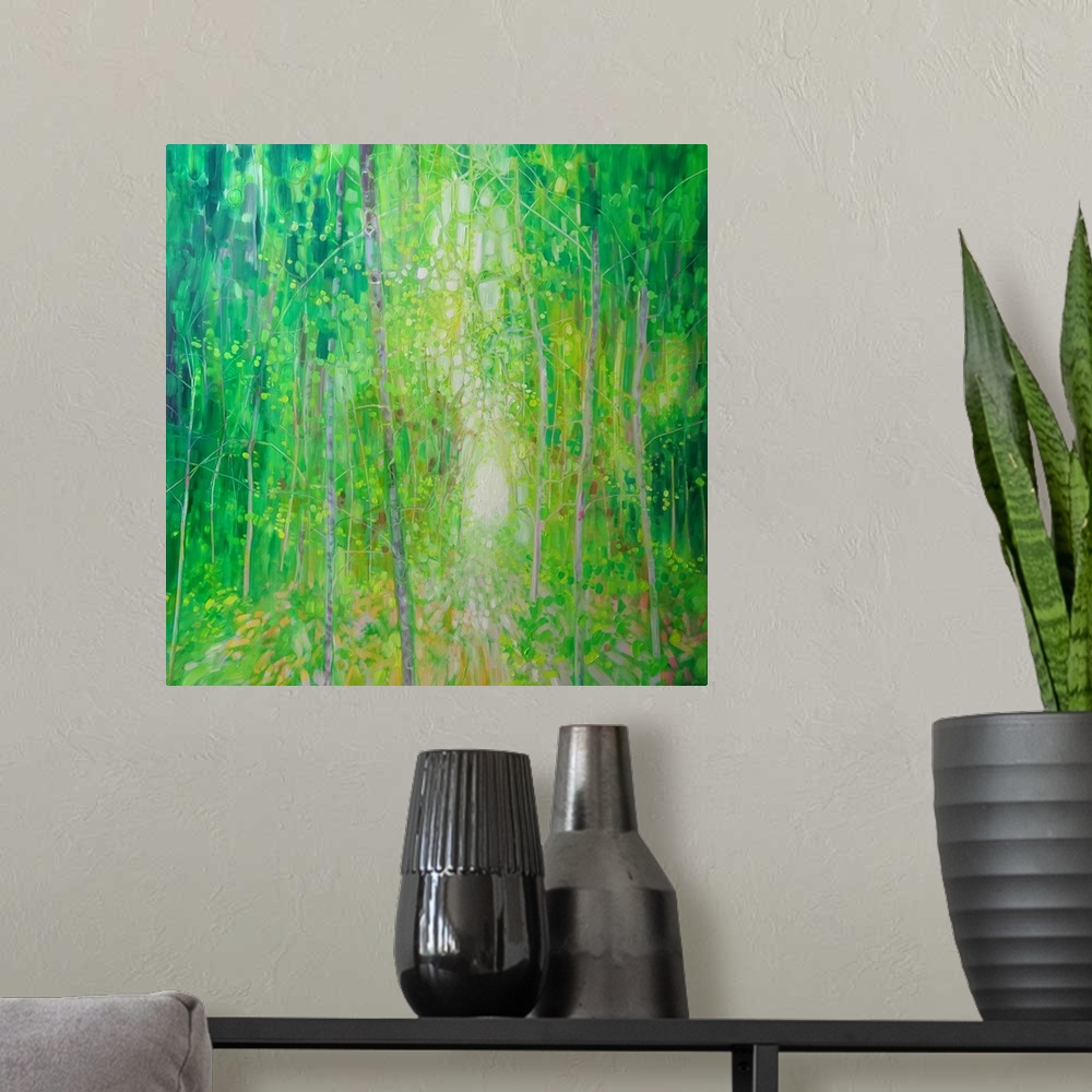 A modern room featuring Watercolor painting of a dream-like forest in varies shades of green.