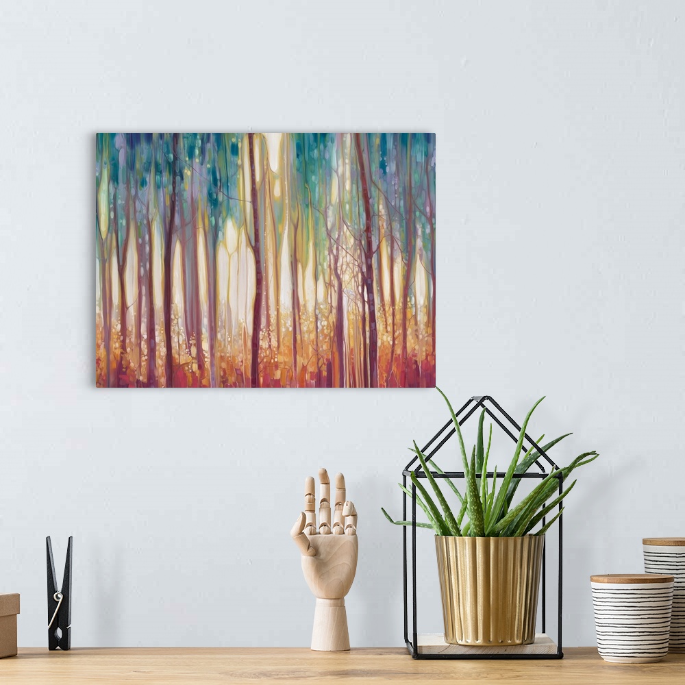 A bohemian room featuring Watercolor painting of a dream-like forest in varies shades of colors.