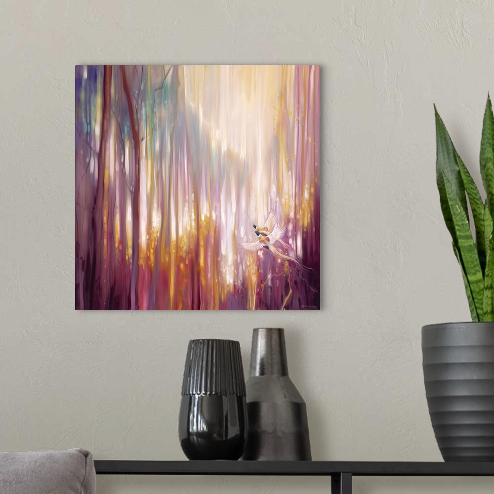 A modern room featuring Watercolor painting of a dream-like forest in varies warm shades.
