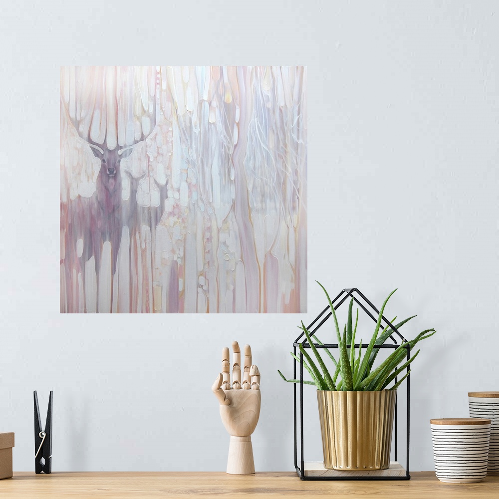 A bohemian room featuring Watercolor painting of deer, deep within a muted, dream-like forest.