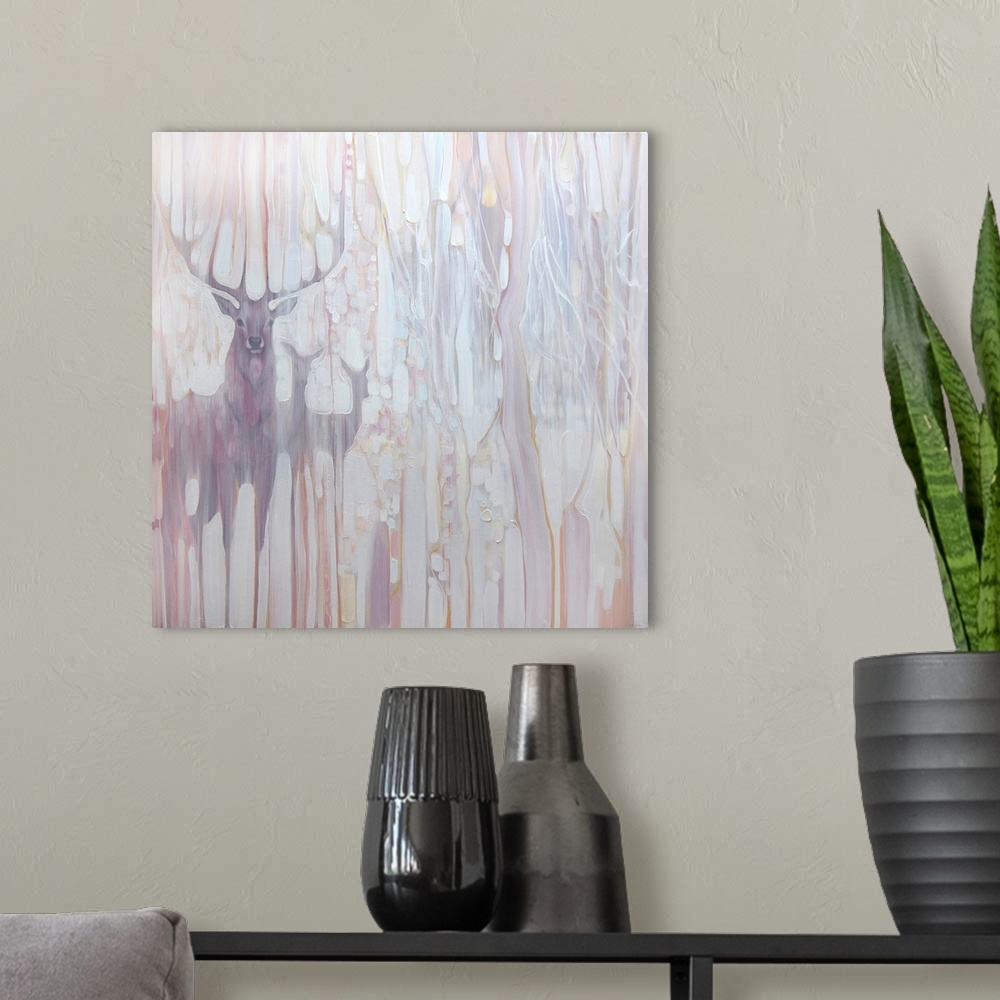 A modern room featuring Watercolor painting of deer, deep within a muted, dream-like forest.