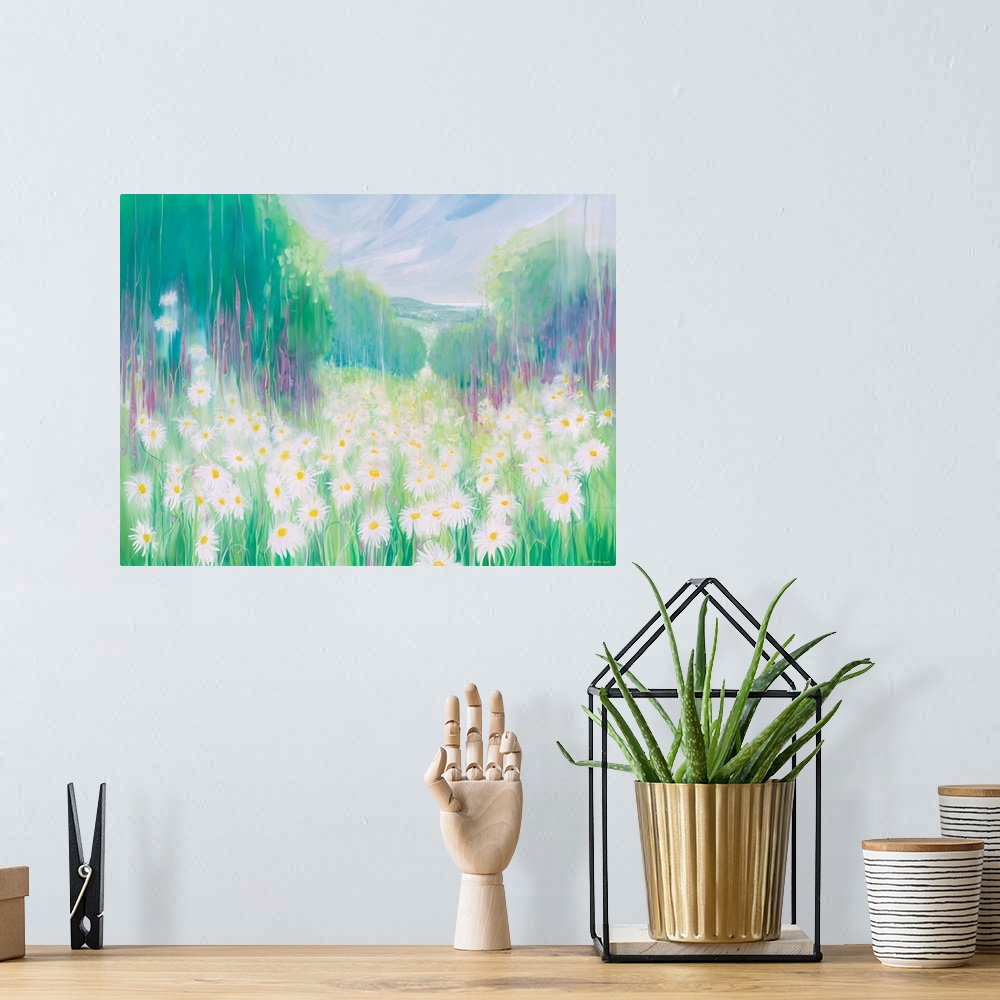 A bohemian room featuring Watercolor painting of a dream-like meadow full of white daises.