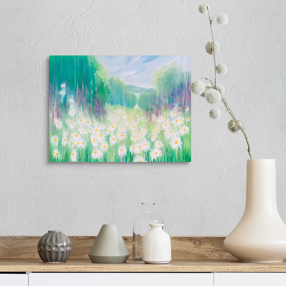 A farmhouse room featuring Watercolor painting of a dream-like meadow full of white daises.