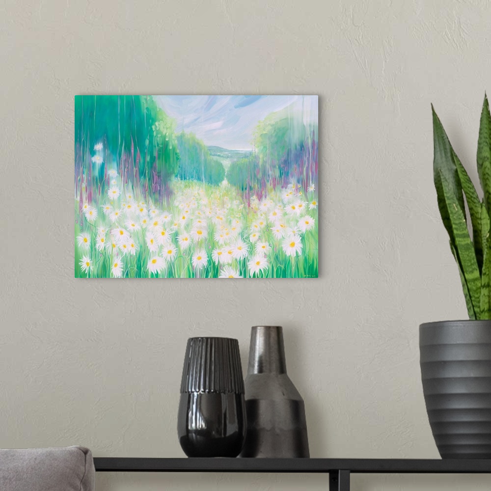 A modern room featuring Watercolor painting of a dream-like meadow full of white daises.