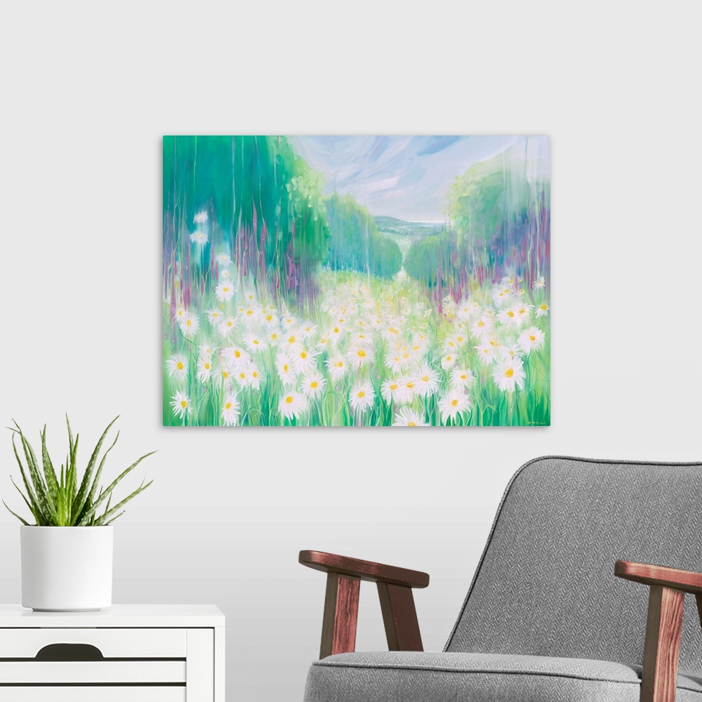 A modern room featuring Watercolor painting of a dream-like meadow full of white daises.