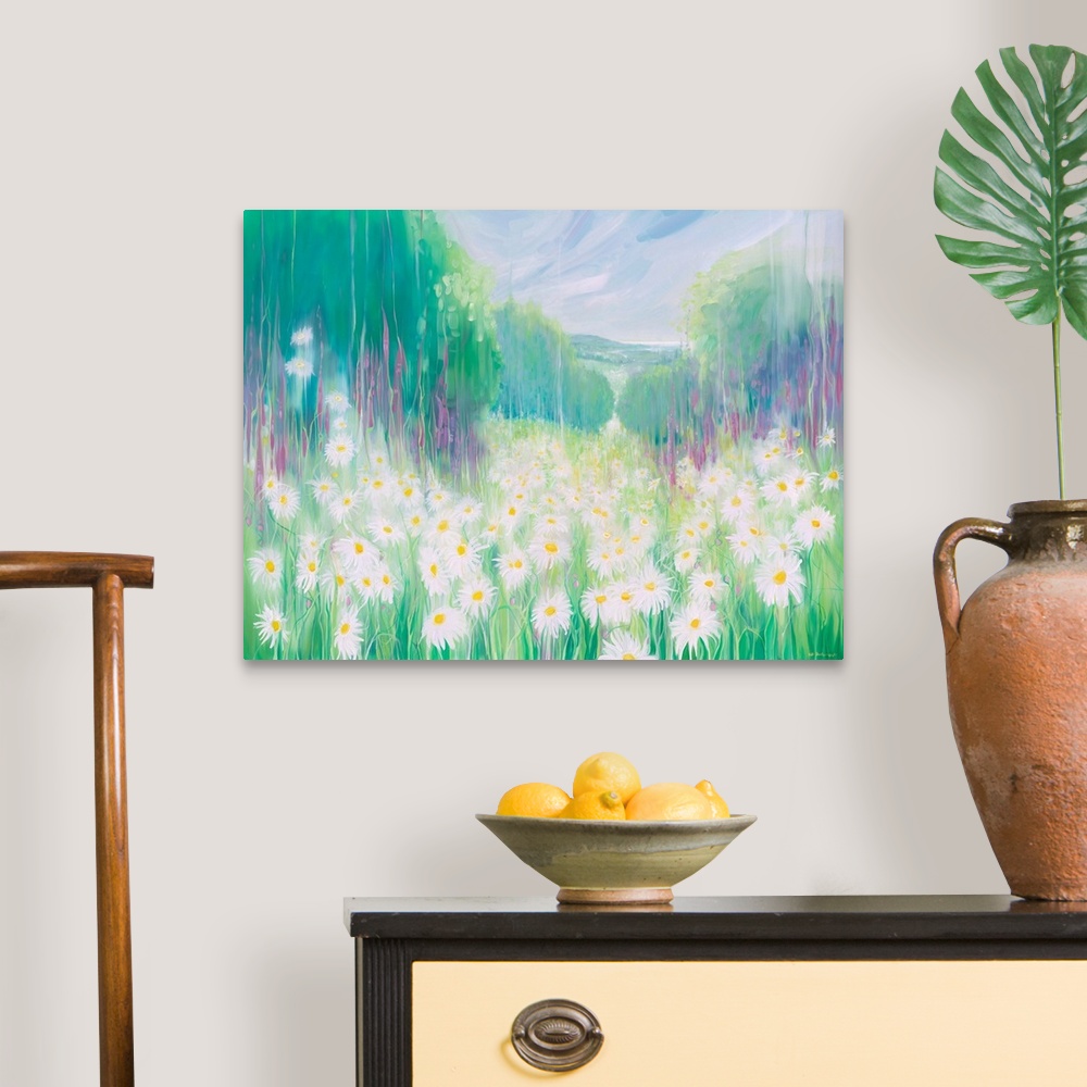 A traditional room featuring Watercolor painting of a dream-like meadow full of white daises.