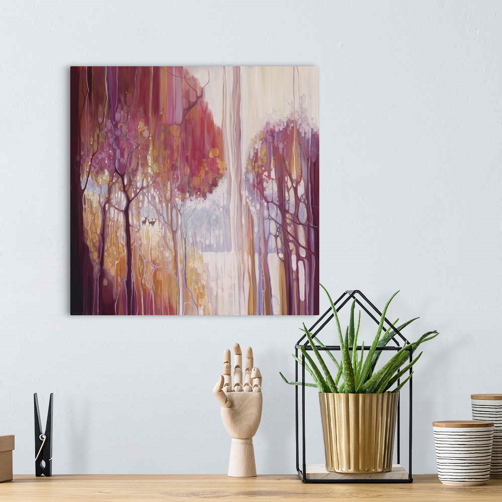 A bohemian room featuring Watercolor painting of a mystical forest in varies warm shades.