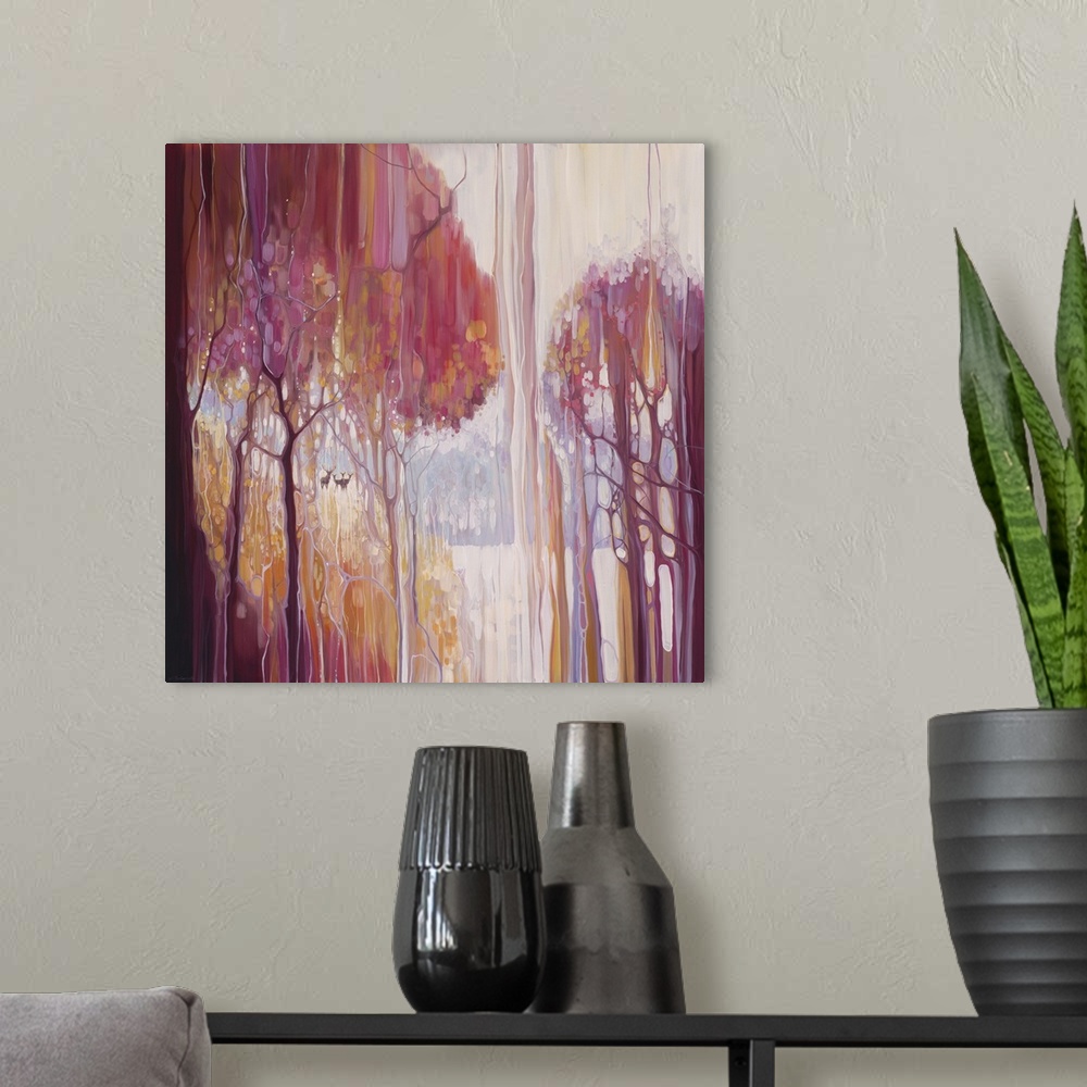 A modern room featuring Watercolor painting of a mystical forest in varies warm shades.