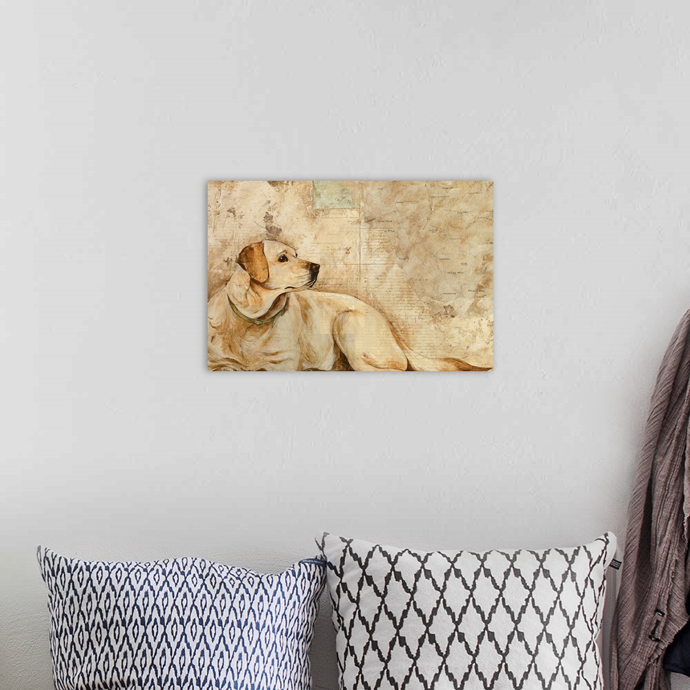 A bohemian room featuring Artwork of a large dog that is drawn and almost blends in with the background that he lays in fro...