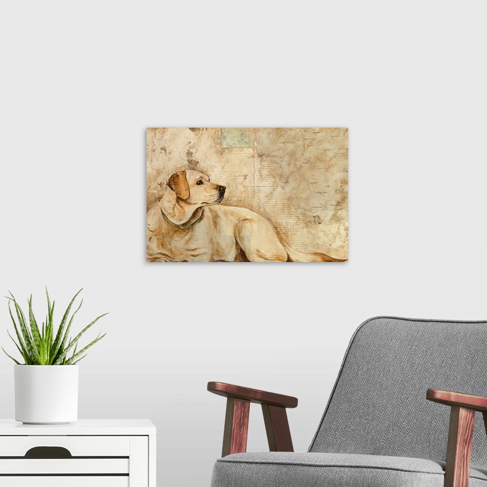 A modern room featuring Artwork of a large dog that is drawn and almost blends in with the background that he lays in fro...