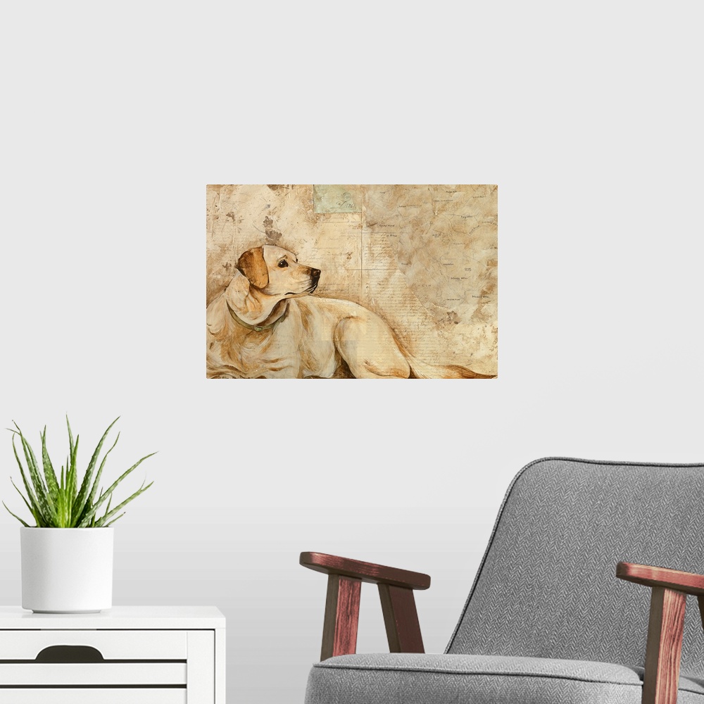A modern room featuring Artwork of a large dog that is drawn and almost blends in with the background that he lays in fro...