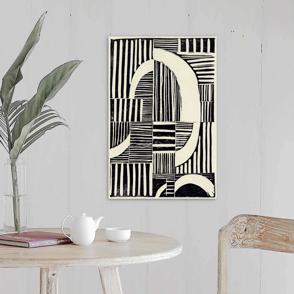 A farmhouse room featuring Abstract linocut print with stripes and geometric shapes.