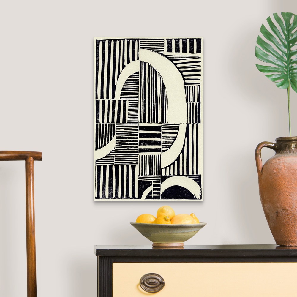 A traditional room featuring Abstract linocut print with stripes and geometric shapes.