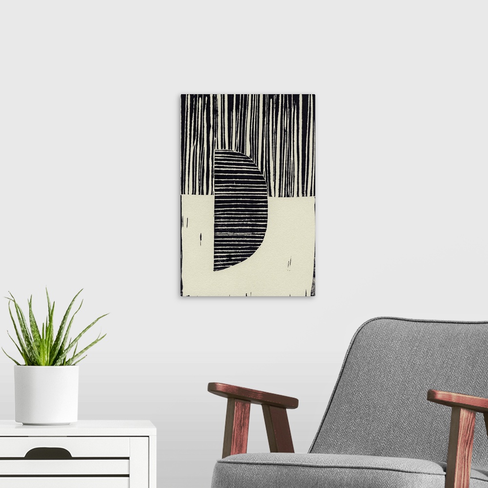 A modern room featuring Abstract linocut print with stripes and geometric shapes.