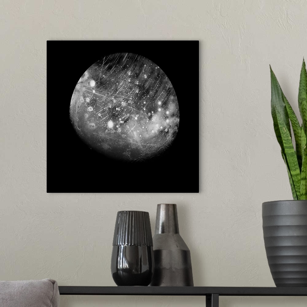 A modern room featuring Square art of a moon phase with an astrology map displayed on the moon's surface.
