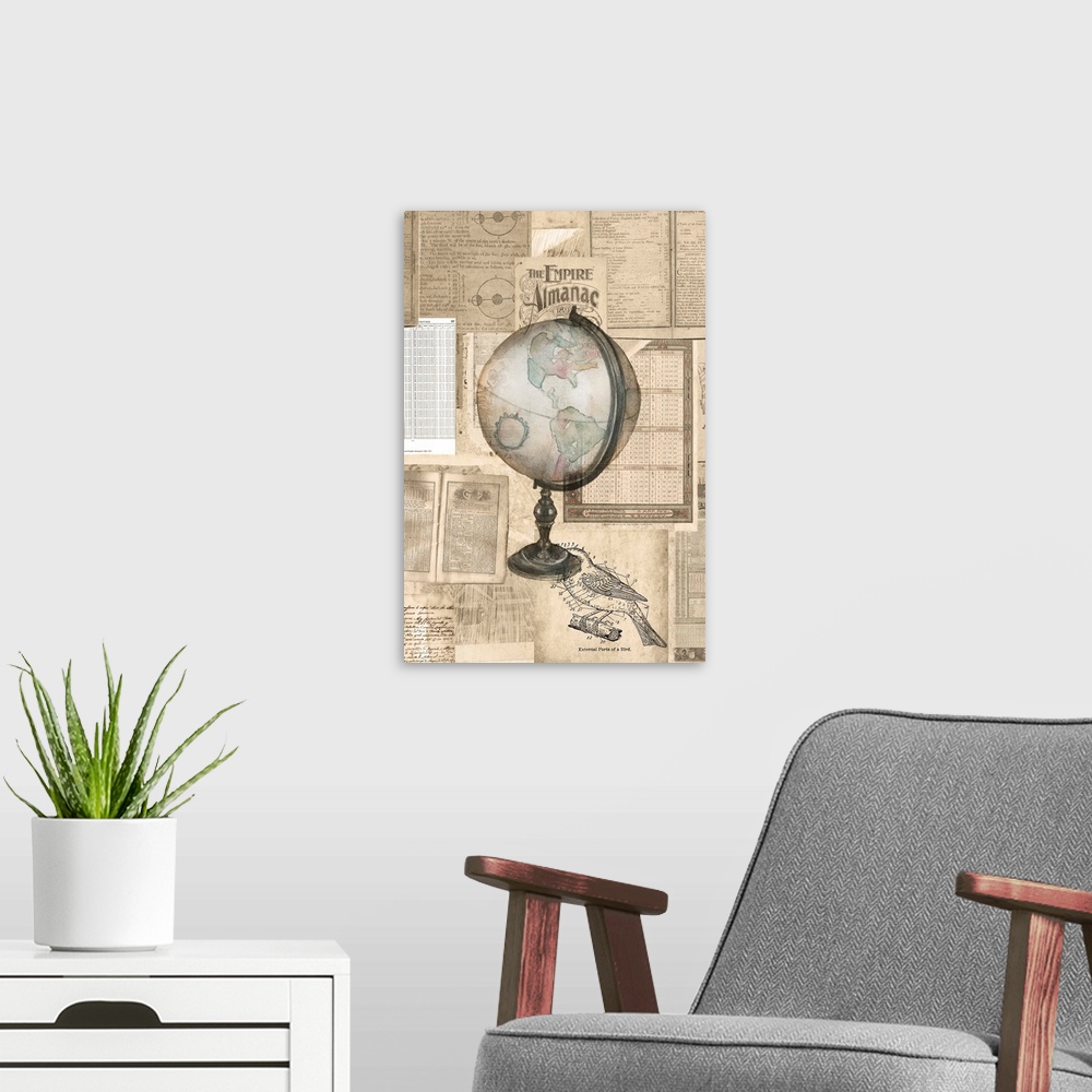 A modern room featuring A drawing of a world globe against a layer of vintage newspapers.