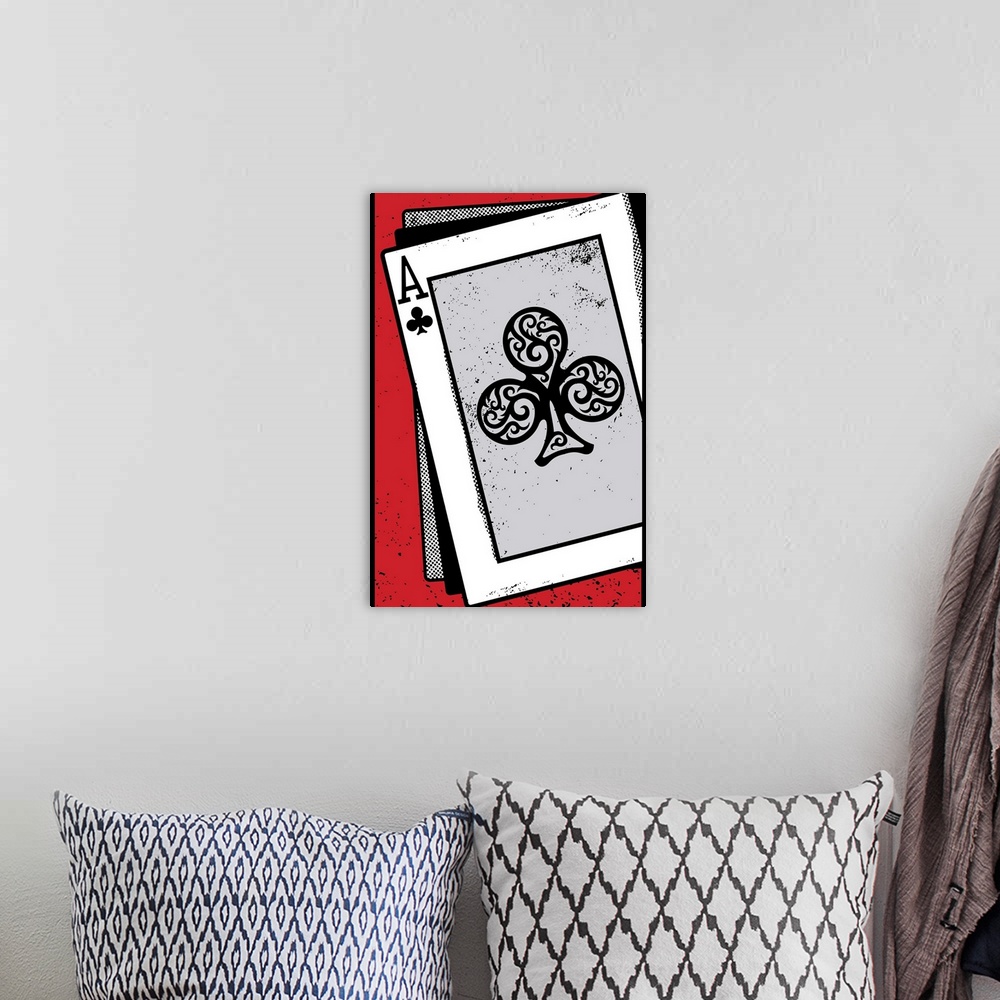 A bohemian room featuring Digital illustration of an Ace of clubs on a red background.