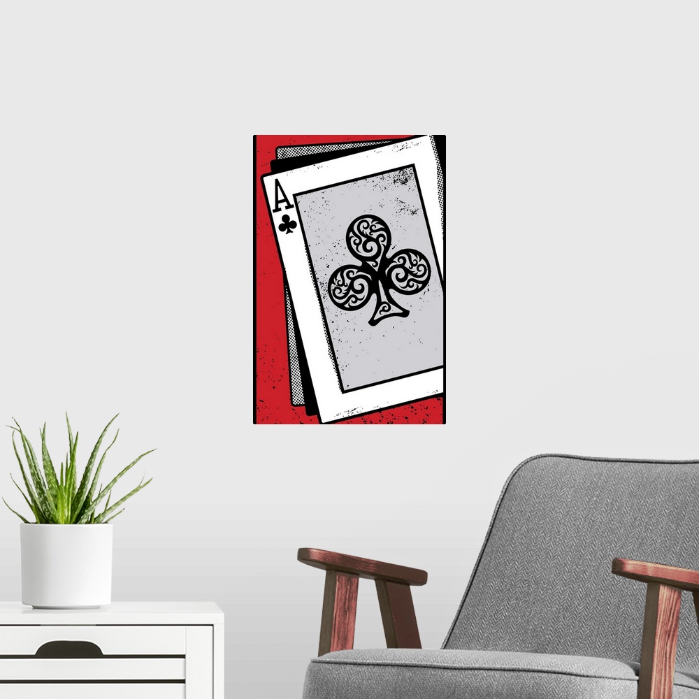 A modern room featuring Digital illustration of an Ace of clubs on a red background.