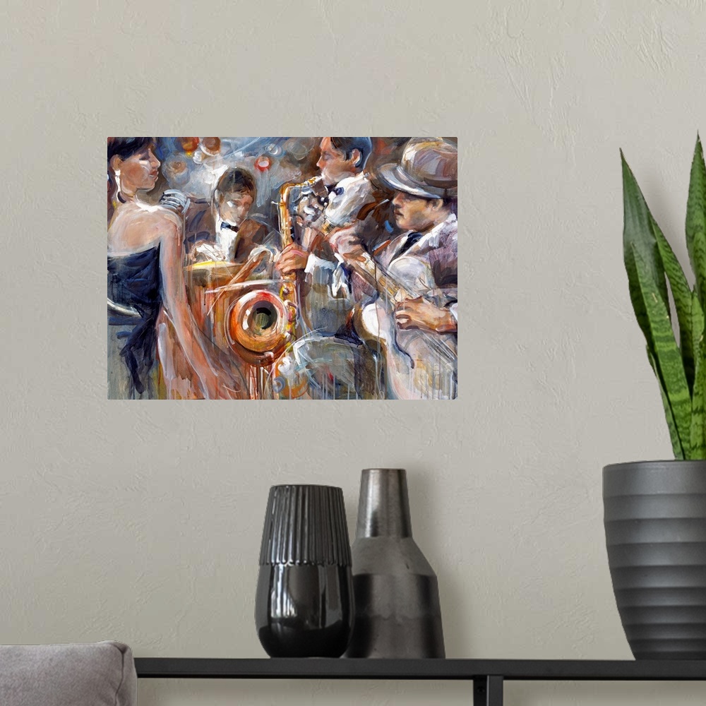 A modern room featuring Loose, gestured painting of a band of musicians performing in formalwear, including a female lead...
