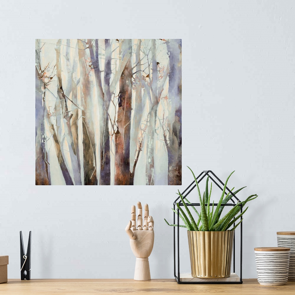 A bohemian room featuring Square abstract painting of cool toned tree trunks in shades of brown, purple, and grey.
