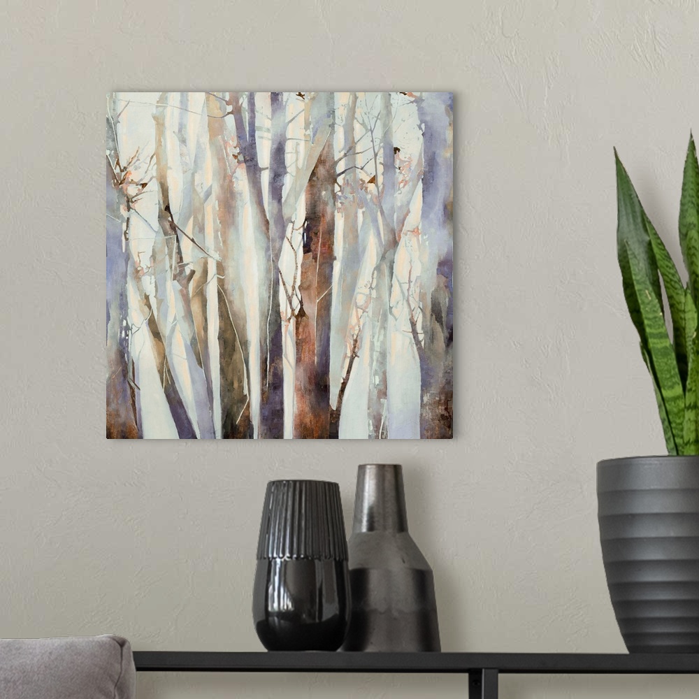 A modern room featuring Square abstract painting of cool toned tree trunks in shades of brown, purple, and grey.