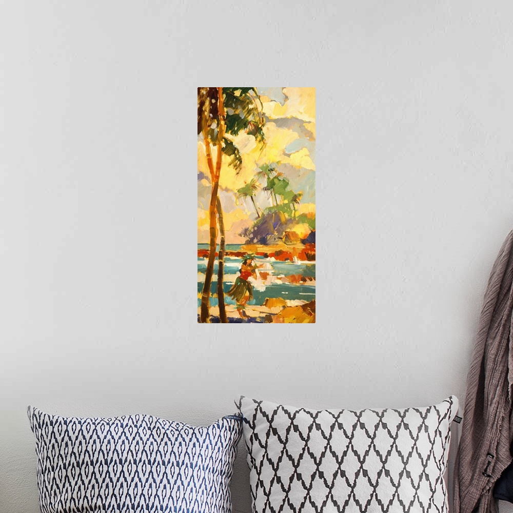 A bohemian room featuring Oversized vertical painting of a female Hawaiian dancer in a grass skirt, on the beach, standing ...