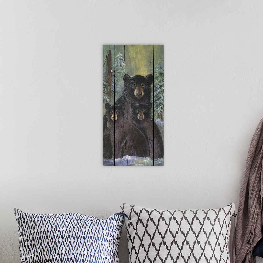 A bohemian room featuring Vertical panoramic artwork of three bears in the snow with a forest behind them painted on wood p...