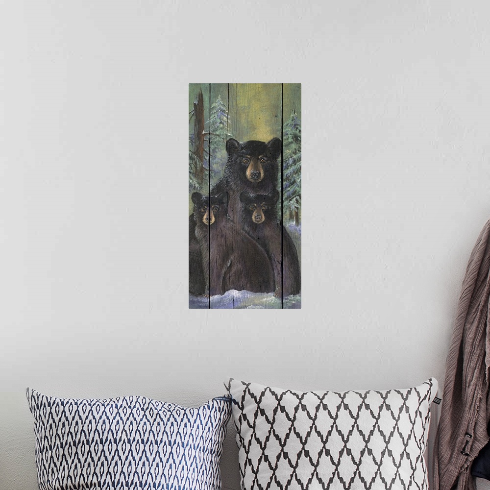 A bohemian room featuring Vertical panoramic artwork of three bears in the snow with a forest behind them painted on wood p...