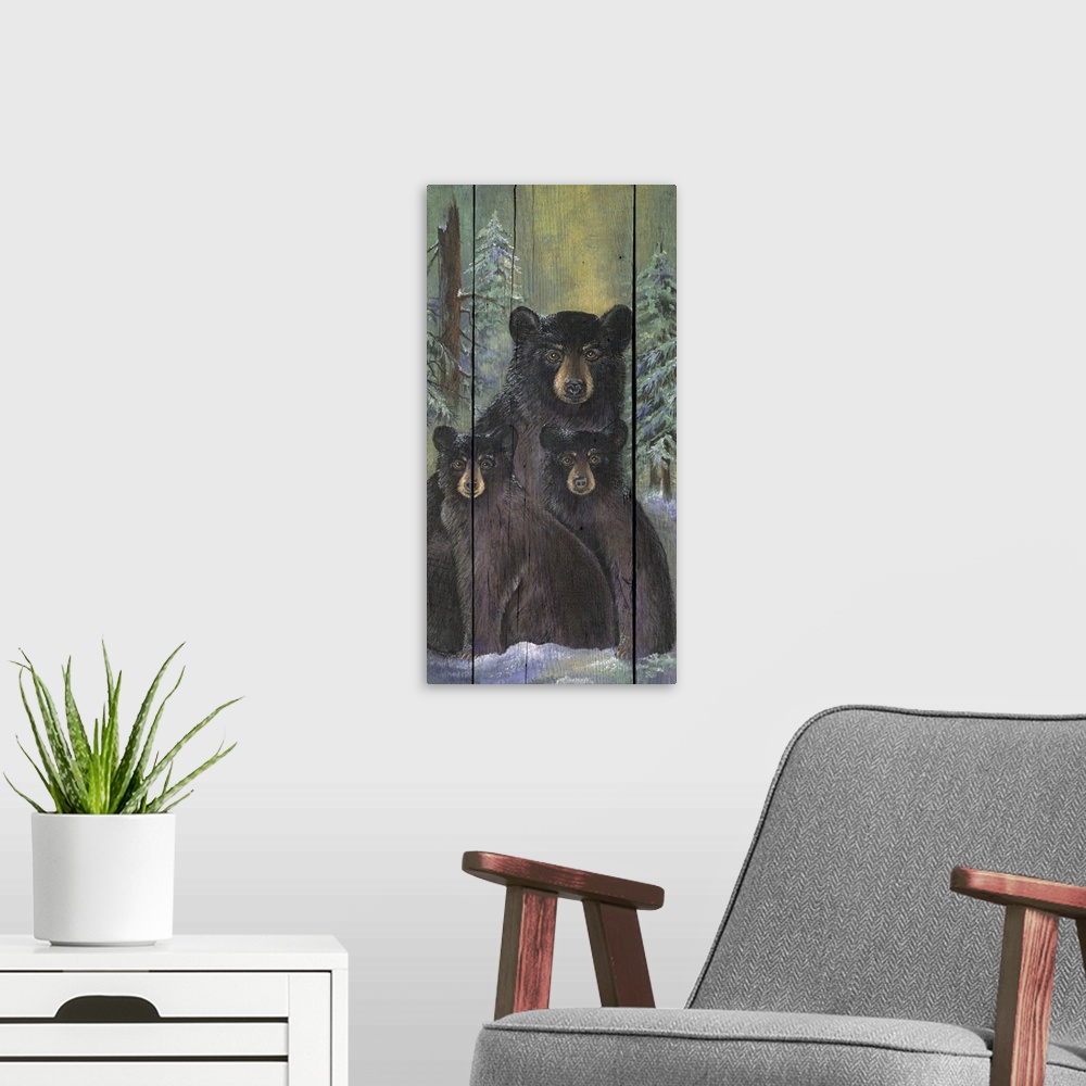 A modern room featuring Vertical panoramic artwork of three bears in the snow with a forest behind them painted on wood p...