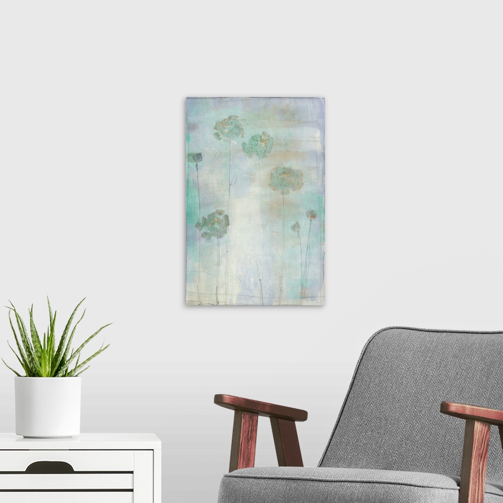 A modern room featuring Contemporary abstract painting of long stemmed flowers in shaded of green, grey, silver, and purple.