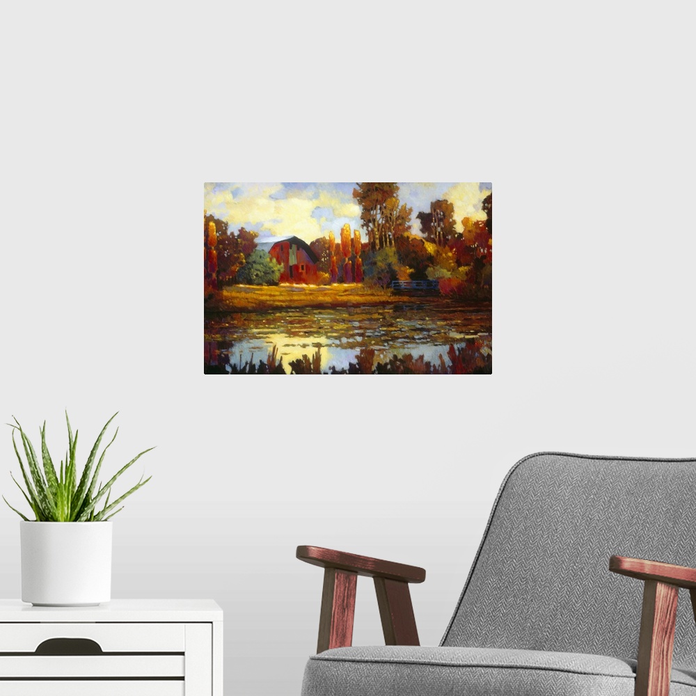 A modern room featuring Painting on canvas of an old barn with fall foliage around it by a lake.