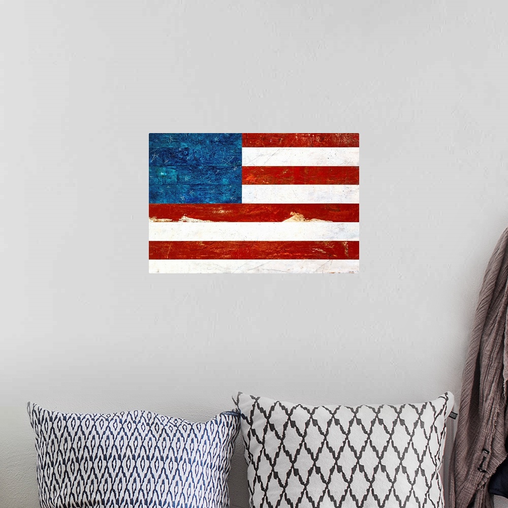 A bohemian room featuring Rustic American flag painted on wood with the stars faintly etched in the paint.