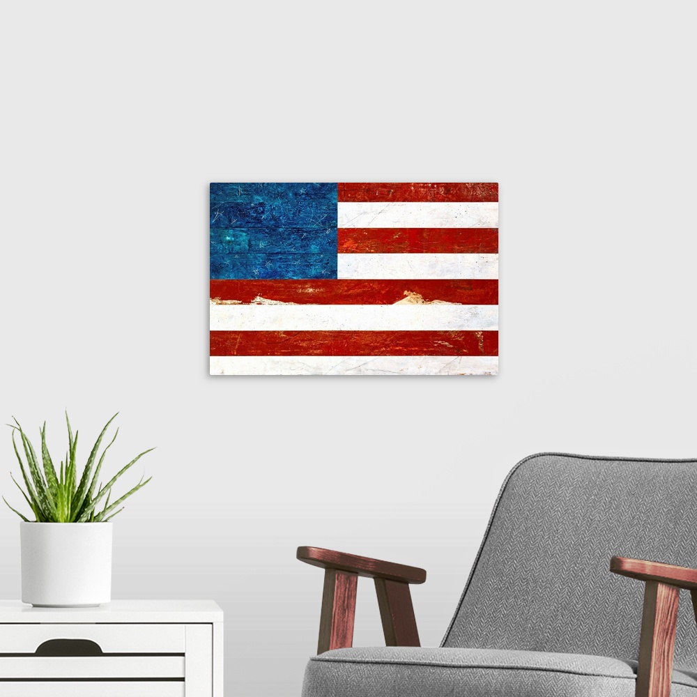A modern room featuring Rustic American flag painted on wood with the stars faintly etched in the paint.