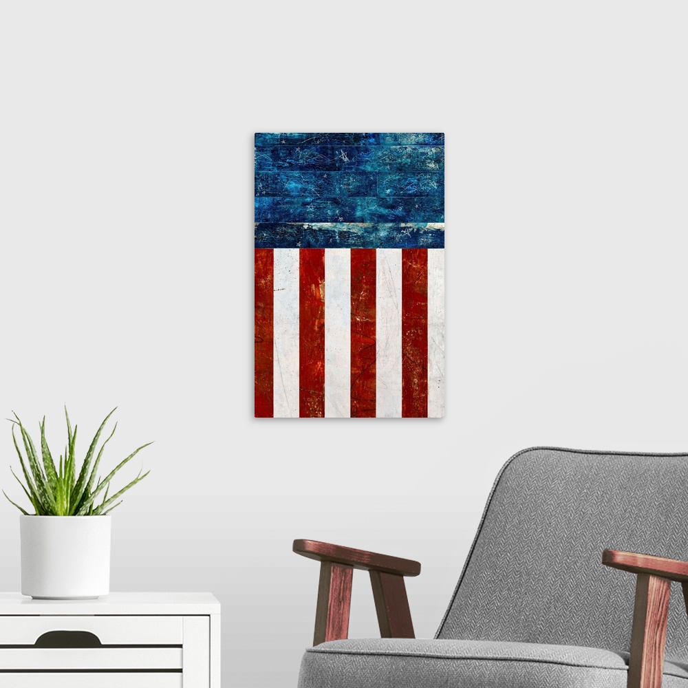 A modern room featuring Folk art painting of an American flag on wood with stars etched in the paint.