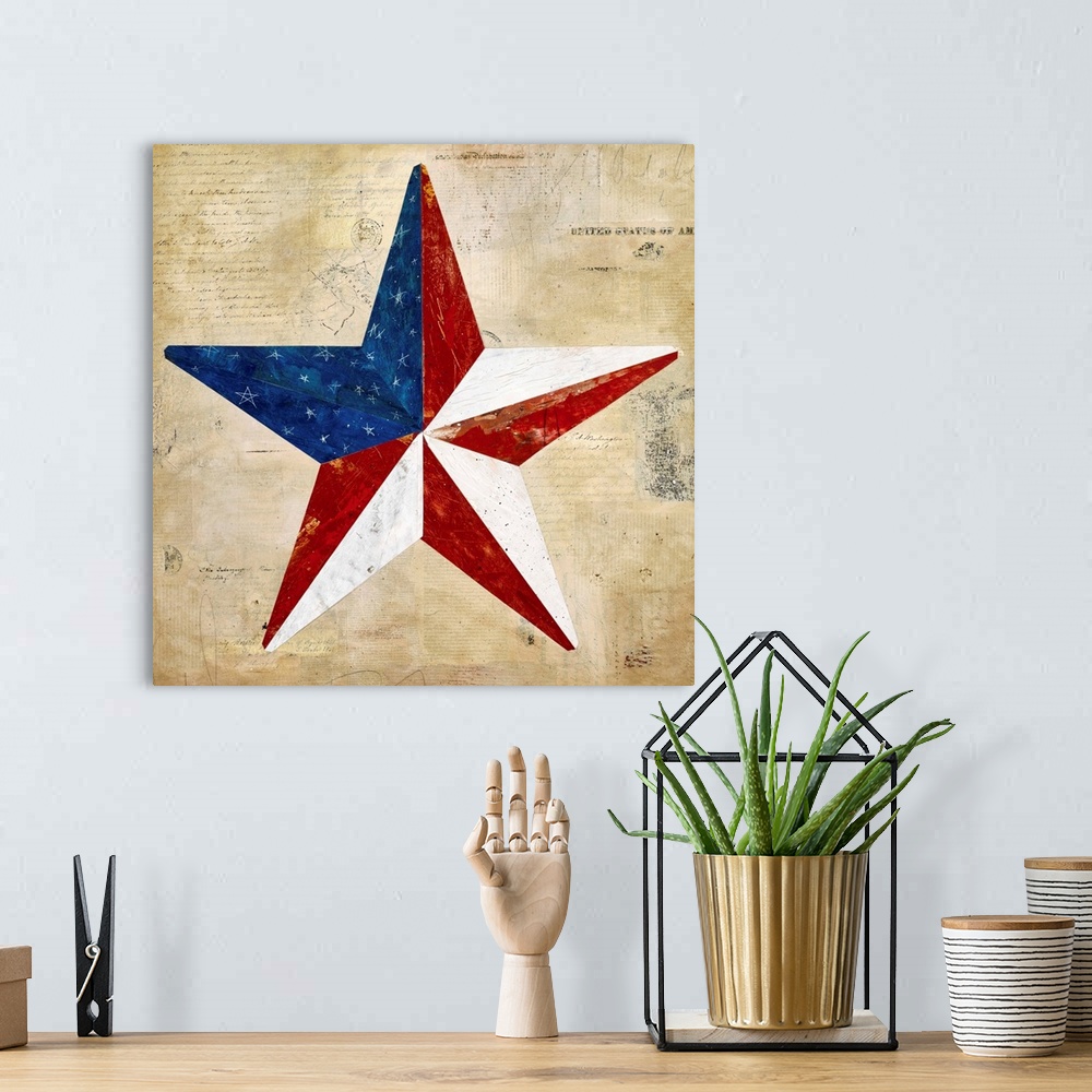 A bohemian room featuring Folk art painting of a star in red white and blue on an antique style background created with mix...