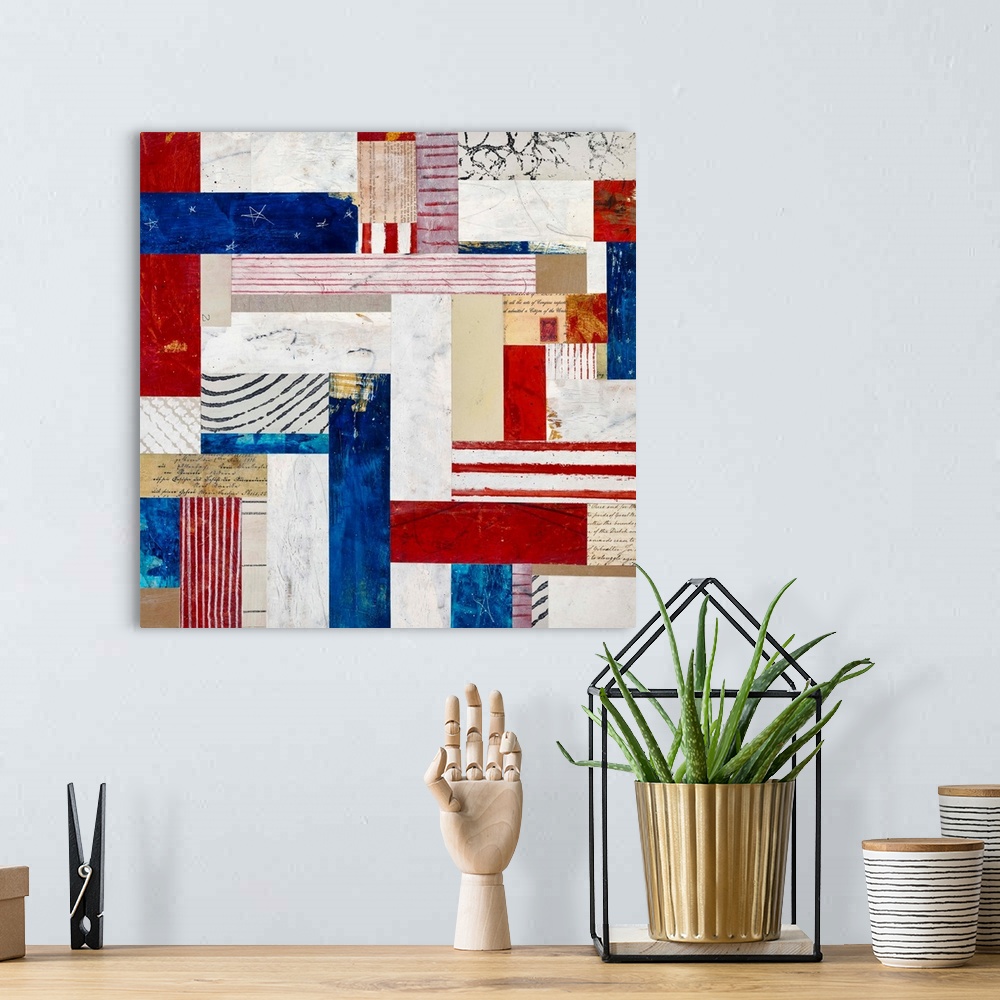 A bohemian room featuring Square folk art created with mixed media to resemble a red white and blue quilt pattern.