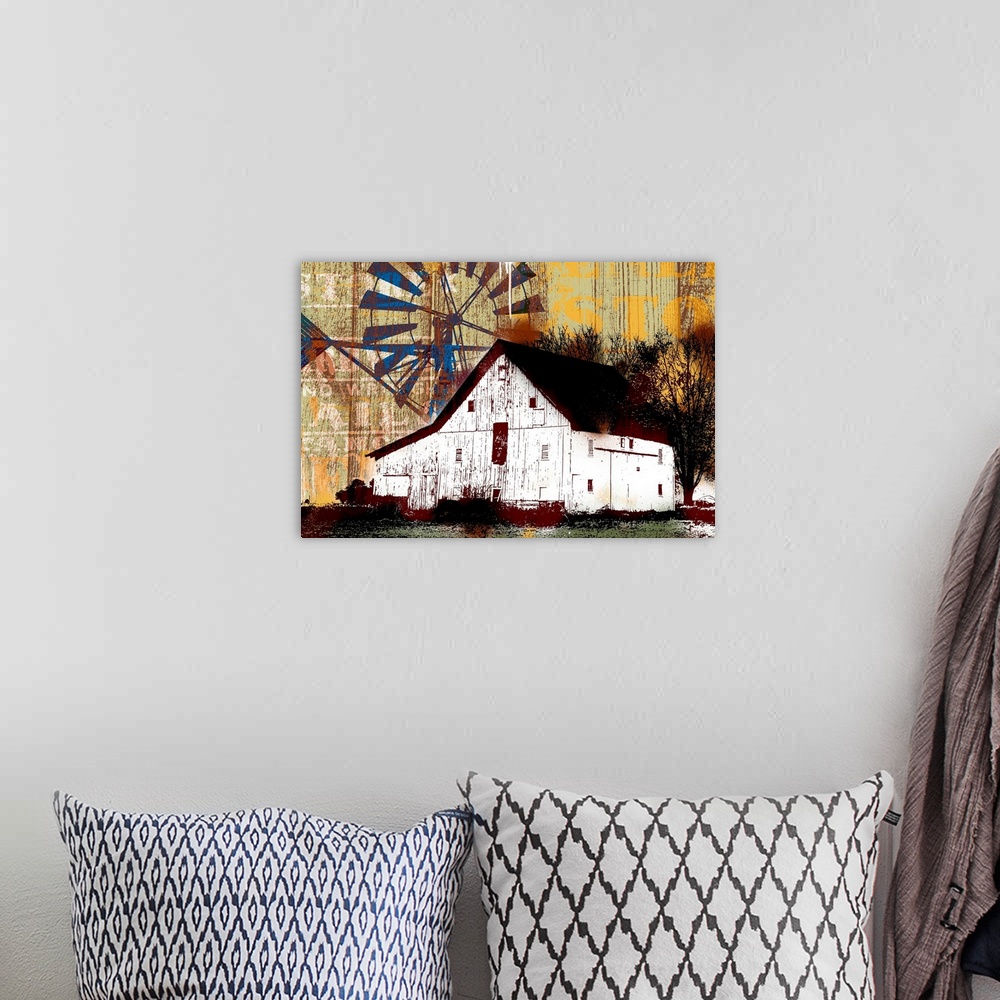 A bohemian room featuring Oversized, landscape artwork of an old barn beneath a large, exaggerated windmill in the sky.  Th...