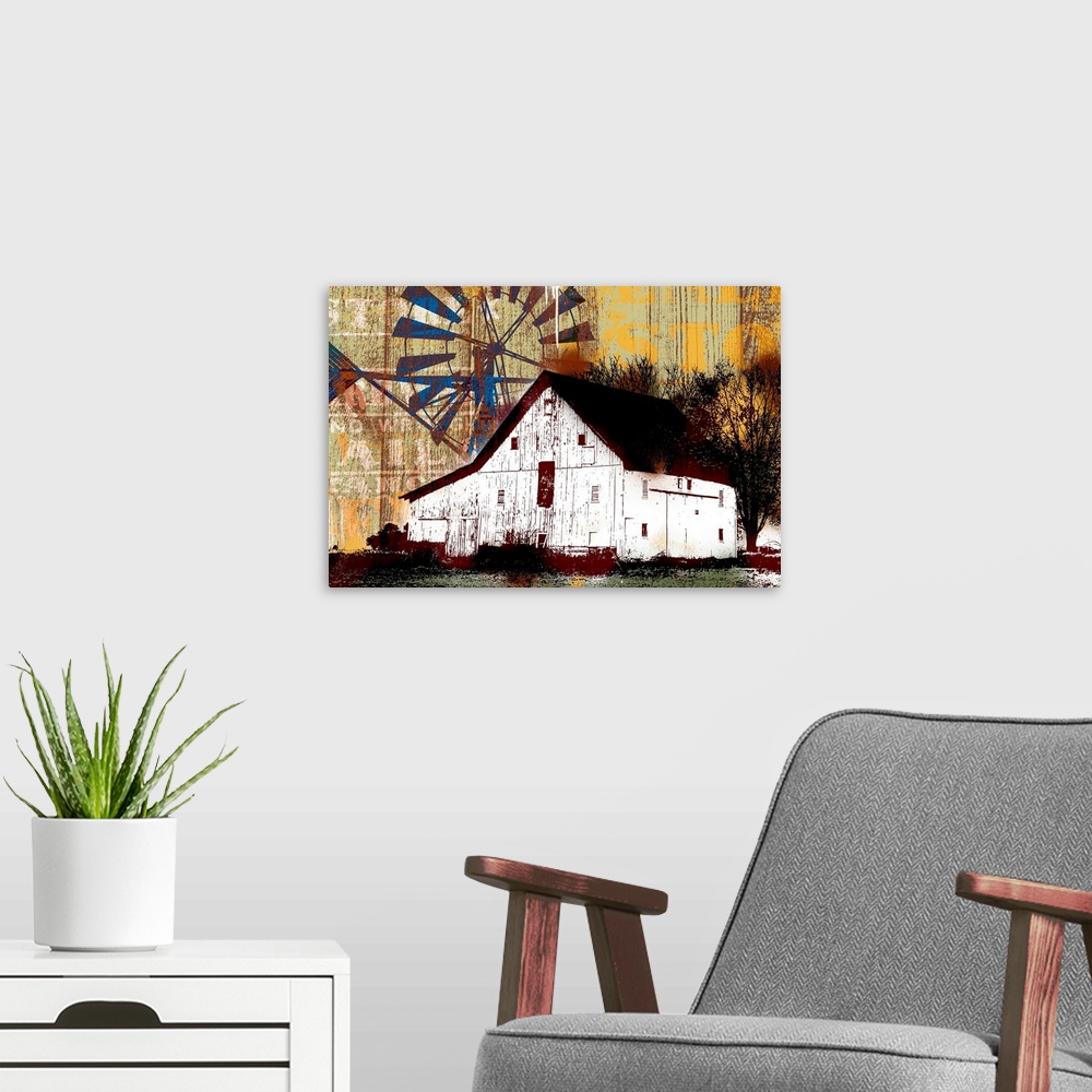 A modern room featuring Oversized, landscape artwork of an old barn beneath a large, exaggerated windmill in the sky.  Th...