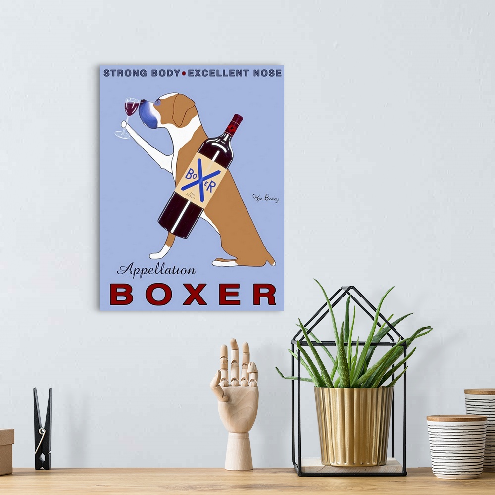 A bohemian room featuring Large, vertical advertisement for Appellation Boxer wine, of a boxer dog sitting, holding a glass...