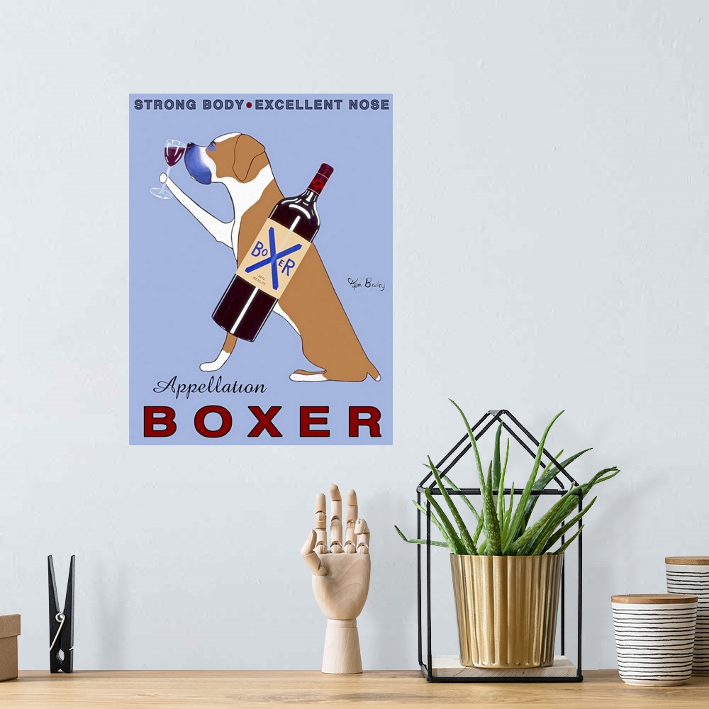 A bohemian room featuring Large, vertical advertisement for Appellation Boxer wine, of a boxer dog sitting, holding a glass...